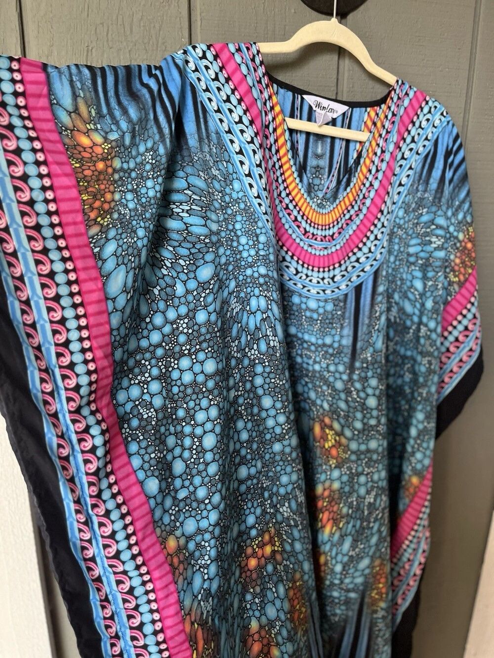 VTG Winlar Kaftan Dress Mumu Roper Romp Blue/Pink/Black Floral/Tribal Print - Picture 4 of 8